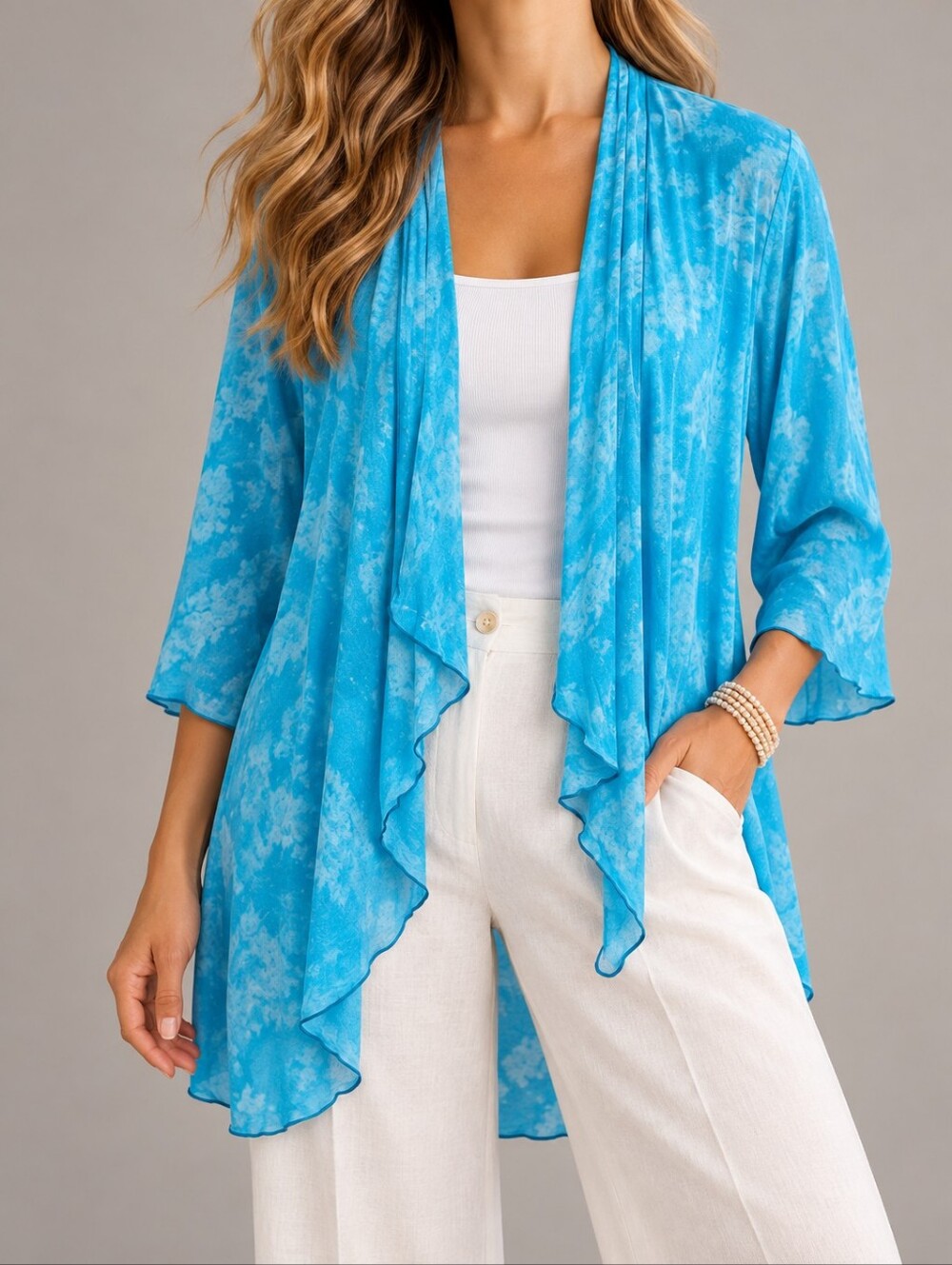 Blue Sky Design Turquoise Watercolor Rayon Draped Open Front Cardigan
